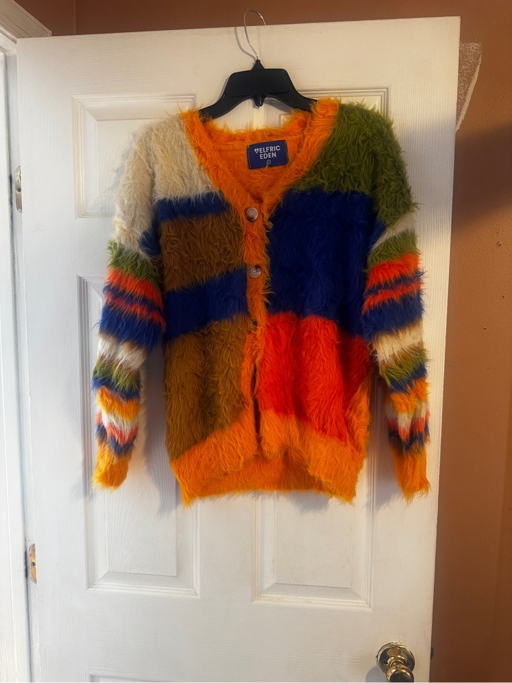 Aelfric Eden Multicolor Fuzzy Patchwork Cardigan - Orange, Blue, Green